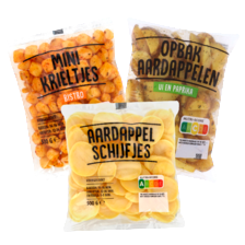 Aardappelschijfjes, bistro minikrieltjes of opbakaardappelen ui-paprika